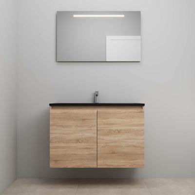 On-Line Badkamermeubelset - 100 cm - Bouwpakket - Greeploze Ladestructuur - Acryl Wastafel - 1 Kraangat - Spiegel met LED-Verlichting - Eiken