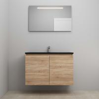 On-Line Badkamermeubelset - 100 cm - Voorgemonteerd - Greeploze Ladestructuur - Acryl Wastafel - 1 Kraangat - Spiegel met LED-Verlichting - Eiken