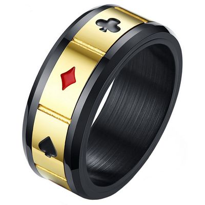 Stalen mannen ring Lucky Cards Spinner Goud Zwart-21.5mm