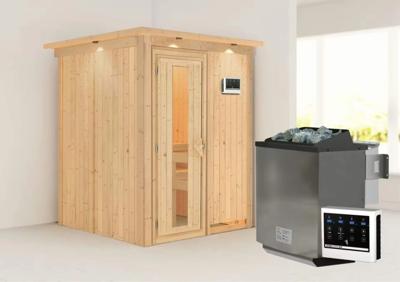 Karibu | Norin Sauna met Dakkraag | Energiesparende Deur | Biokachel 9 kW Externe Bediening