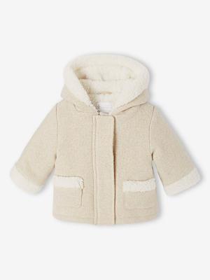 Babymantel van iriserende wollen stof met voering van imitatiebont gemêleerd beige