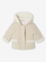 Babymantel van iriserende wollen stof met voering van imitatiebont gemêleerd beige