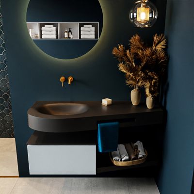 MONDIAZ RIVA 120cm badmeubel onderkast / planchet kleur Clay met 1 lade. Wastafel DULCET links 0 kraangaten kleur Urban.