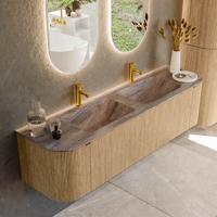 Badmeubel Mondiaz Kurve-Dlux | 170 cm | Meubelkleur Oak | Wastafelkleur Oza | Solid surface | Wasbak beide zijden spoelbak | 2 kraangaten