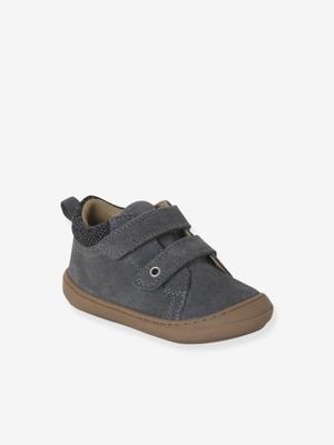 Babyslofjes van zacht leer met antislip jeansblauw