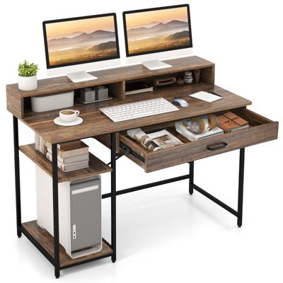 Bureau met Lade Monitorstandaard & 2 Open Planken Computertafel met Metalen Frame PC-Tafel Bureautafel 120 x 56 x 90,5 cm Bruin