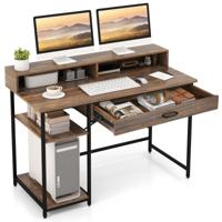 Bureau met Lade Monitorstandaard & 2 Open Planken Computertafel met Metalen Frame PC-Tafel Bureautafel 120 x 56 x 90,5 cm Bruin