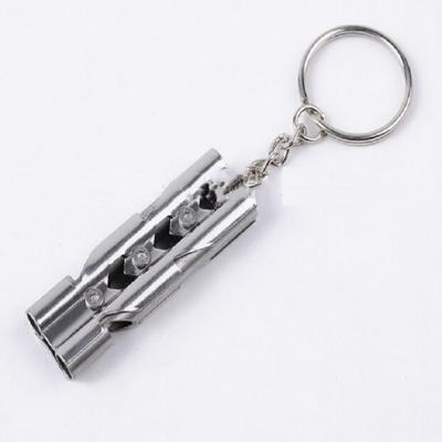 Outdoor high-decibel roestvrijstaal Self-Protection dubbele buis Survival Whistle met sleutel ring (zilver)