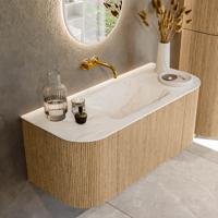 Mondiaz KURVE-DLUX 110 cm Onderkast Greeploos 1 Lade Met Deuren Oak, Wastafel Solid Surface Midden Ostra 0 Kraangaten Zonder Spiegel (KRVCLO110L+R1L2D0KM-Oak/Ost)