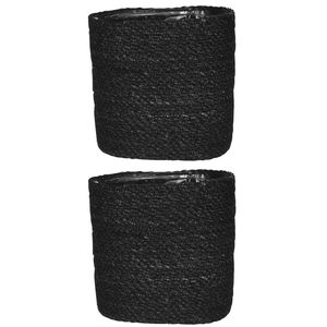 2x stuks naturel zwart rotan planten pot mand van gedraaid jute/riet H18 en D18 cm - Plantenpotten