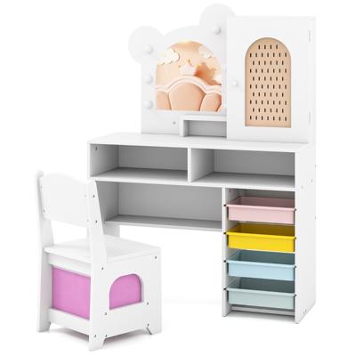 Kinderkaptafel met Lichte Houten Prinsessen-stijl Kaptafel en Stoelenset Wit