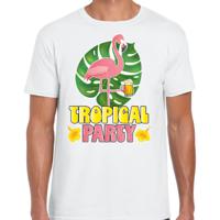 Tropical party T-shirt voor heren - flamingo - wit - carnaval/themafeest - thumbnail