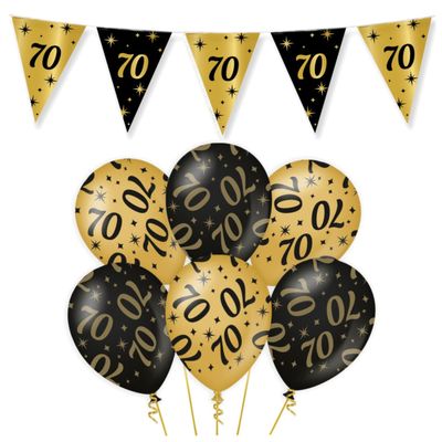 Leeftijd verjaardag feestartikelen pakket vlaggetjes/ballonnen 70 jaar zwart/goud
