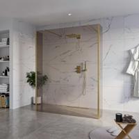 Fortifura Galeria Vrijstaande Inloopdouche - 160x200cm - Rookglas - antikalk - 8mm veiligheidsglas - 2 zijwanden 30cm - wandsteunen en hoekprofielen - Geborsteld Messing PVD (Goud) SW927770 2x/SW797942/SW797930 2x/SW798731 2x