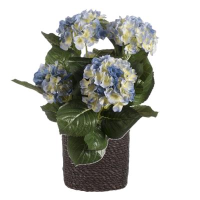 Kunstplant met plantenmand - Hortensia hdrangea - blauw - rotan pot - grijs