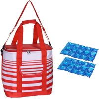 Grote koeltas draagtas schoudertas rood/wit gestreept met 2 stuks flexibele koelelementen 24 liter - Koeltas - thumbnail