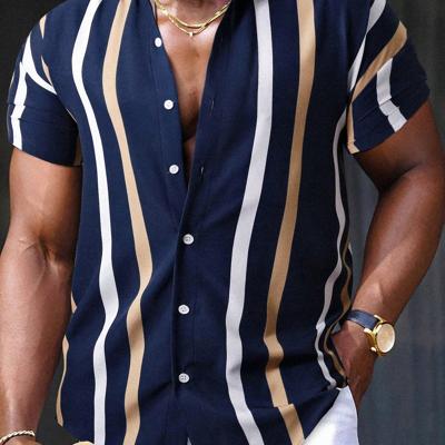 Bon&Bon Men's Navy Blue Striped Short Sleeve Casual Button-Up Shirt Navy Blue / L