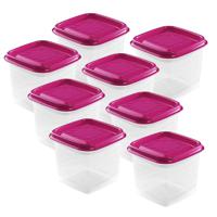 Vershoudbakjes Hega - set van 8x stuks - 0.7 liter - transparant/fuchsia - L11 x B11 x H12 cm - thumbnail