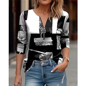 Dames T-shirt Geometrisch Zwart Rood Paars Afdrukken Kwart ritssluiting Lange mouw Casual Feestdagen Modieus Ronde hals Normale pasvorm Lente Herfst Lightinthebox