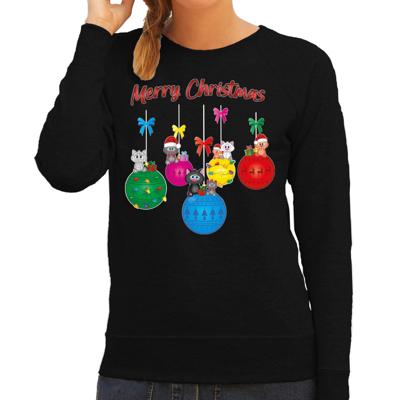 Kersttrui / sweater voor dames - kerstballen - zwart - kerstpoesjes - Merry Christmas - poezen