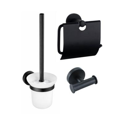 Fortifura Calvi Toiletset 3-delig - toiletrolhouder met klep - toiletborstel - handdoekhaak dubbel rond - Mat Zwart SW1183143 SW1211594 SW639936