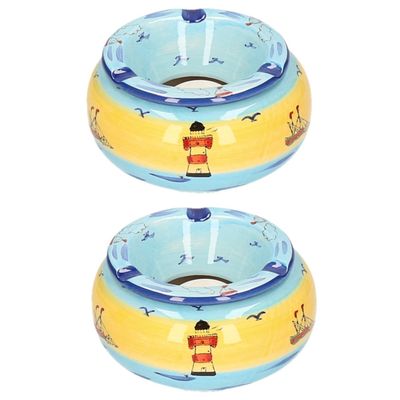 Set van 2x stuks ronde terras asbakken/stormasbakken maritiem thema keramiek 14 x 7 cm