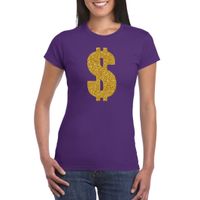 Gouden dollar / Gangster verkleed t-shirt / kleding paars dames - thumbnail