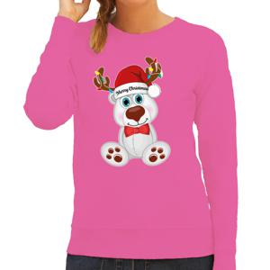 Foute Kersttrui/sweater voor dames - Merry Christmas - roze - ijsbeer - kerst cadeau