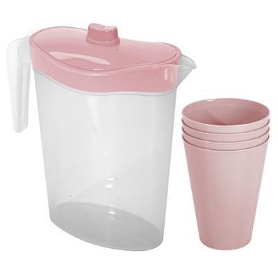 Waterkan/sapkan met deksel roze - 2,5 liter - kunststof - met 4x stuks kunststof glazen 430 ml
