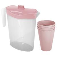 Waterkan/sapkan met deksel roze - 2,5 liter - kunststof - met 4x stuks kunststof glazen 430 ml