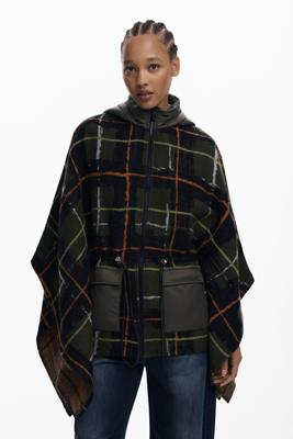 Geruite poncho met gewatteerde capuchon - GREEN - U