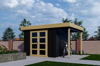 Interflex 331M Blokhut 300x300 met luifel 110 cm 28 mm vuren gecoat- Plat dak- Hout- Interflex