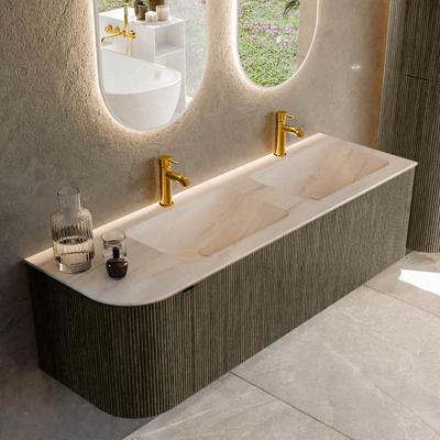 Badmeubel Mondiaz Kurve-Dlux | 145 cm | Meubelkleur Shadow | Wastafelkleur Meli | Solid surface | Dubbel / Rechts spoelbak | 2 kraangaten