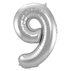 Folie ballon van cijfer 9 in het zilver 86 cm