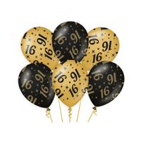 18x stuks leeftijd verjaardag feest ballonnen 16 jaar geworden zwart/goud 30 cm