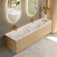 Badmeubel Mondiaz Kurve-Dlux | 175 cm | Meubelkleur Oak | Wastafelkleur Glace | Solid surface | Dubbele spoelbak | 2 kraangaten