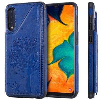 Voor Galaxy A50 kat boom reliëf patroon schokbestendige beschermende case met kaartsleuven & fotolijstjes (blauw)