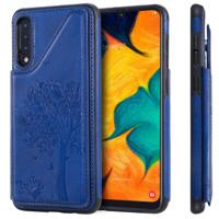 Voor Galaxy A50 kat boom reliëf patroon schokbestendige beschermende case met kaartsleuven & fotolijstjes (blauw)