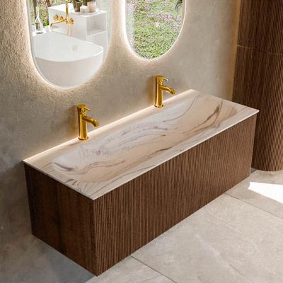 Badmeubel Mondiaz Kurve-Dlux | 120 cm | Meubelkleur Walnut | Wastafelkleur Nata | Solid surface | Wasbak midden spoelbak | 2 kraangaten