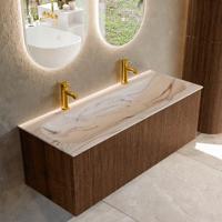 Badmeubel Mondiaz Kurve-Dlux | 120 cm | Meubelkleur Walnut | Wastafelkleur Nata | Solid surface | Wasbak midden spoelbak | 2 kraangaten