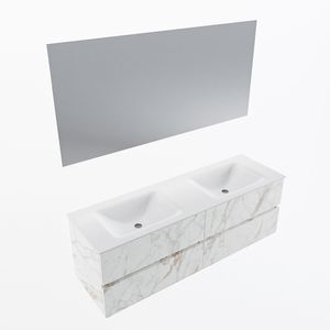 MONDIAZ VICA 150cm badmeubel onderkast Carrara 4 lades. Wastafel CLOUD dubbel zonder kraangat, kleur Talc met spiegel LED.