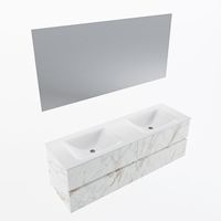 MONDIAZ VICA 150cm badmeubel onderkast Carrara 4 lades. Wastafel CLOUD dubbel zonder kraangat, kleur Talc met spiegel LED. - thumbnail