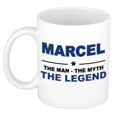 Marcel cadeau mok - man myth legend - naam koffiemok / beker - wit en blauw - 300 ml