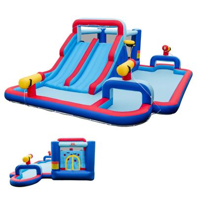 Opblaasbaar Waterglijbanenpark Gigantisch Springkasteel met 2 Lange Glijbanen Peuterbad Springgedeelte Geen Ventilator