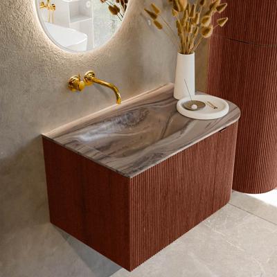 Badmeubel Mondiaz Kurve-Dlux | 75 cm | Meubelkleur Ruby | Wastafelkleur Sombra | Solid surface | Wasbak linker zijde spoelbak | Zonder kraangat(en)
