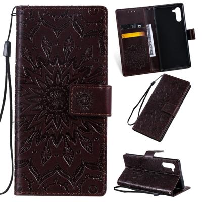 Gedrukt afdrukken zonnebloem patroon horizontale Flip PU lederen case voor Galaxy Note 10 met houder & kaartsleuven & portemonnee & Lanyard (bruin)