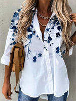 Long Sleeve Floral-Print Shirt Collar Casual Blouse - thumbnail