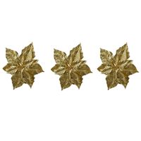 3x stuks decoratie bloemen kerstster goud glitter op clip 23 cm - thumbnail