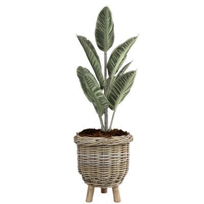 Planten/bloemen mand - op pootjes - rotan - gevlochten - D34 x H40 cm - plantenpot - bloempot