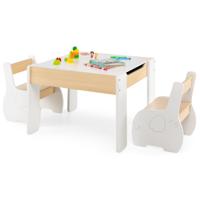 3-Delige Kinderzitgroep van Hout 4-In-1 Kindertafel met 2 Stoelen en Afneembaar Bord Kindermeubelset met Opbergruimte (Wit)